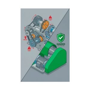 Machine guarding safety poster showing a diagonal comparison of unguarded gears vs. a fully enclosed guarded mechanical assembly