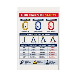 Alloy chain sling safety poster featuring Grade 80, 100, and 120 identification and WLL capacity tables.