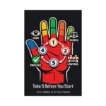 Take 5 safety poster showing a red hand with a 5-step loop: Stop, Look, Assess, Control, Proceed.