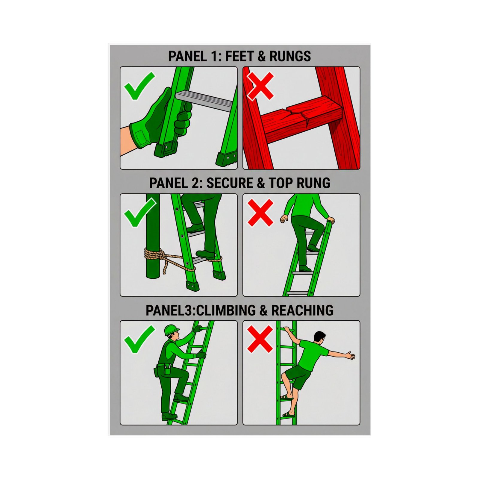 ladder-safety-training-dos-and-don'ts-poster Ladder safety training poster showing 3 panels of correct and incorrect climbing and inspection practices.