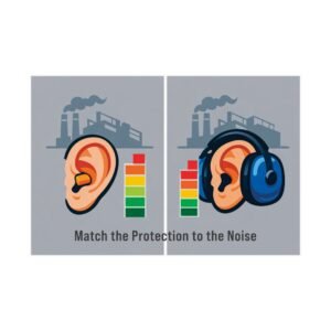 Hearing protection safety poster comparing earplugs for moderate noise and earmuffs for high noise with color-coded meters.