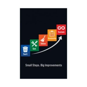 5S housekeeping safety poster showing an ascending staircase of Sort, Set, Shine, Standardize, and Sustain with icons.