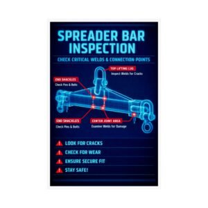 Spreader bar inspection safety poster featuring a blueprint X-ray diagram of welds and connection points.