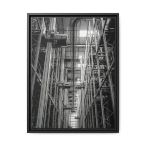 Industrial Logistics Art Print – vertical photography of a high-bay warehouse interior with a deep vanishing point and rhythmic steel racking systems.