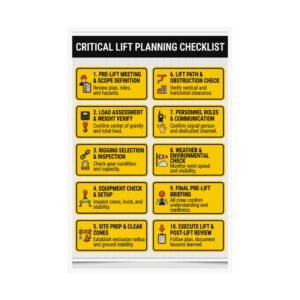 Critical lift planning checklist poster featuring a ten-step safety guide for crane operations and rigging management.