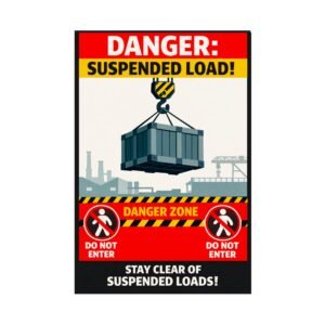 Suspended load safety poster featuring a crane hook, industrial crate, and "Do Not Enter" danger zone markings.