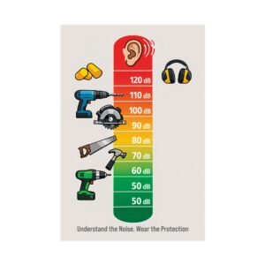 Hearing conservation safety poster showing a color-coded sound level meter from 50 to 120 decibels with PPE icons.