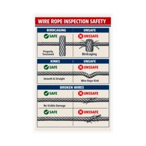 Wire rope inspection safety poster showing side-by-side comparisons of birdcaging, kinks, and broken wires.