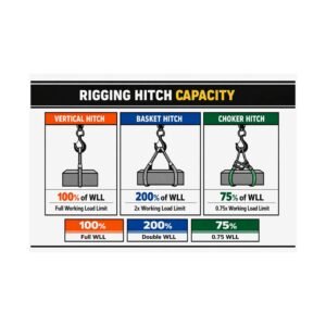 Rigging hitch capacity poster showing capacity percentages for vertical, basket, and choker hitches.