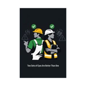 Buddy system safety poster showing two workers back-to-back with green checkmarks for mutual protection.