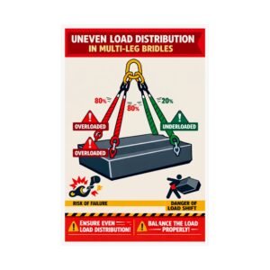 Rigging safety poster illustrating uneven load distribution in multi-leg bridles with percentage callouts.