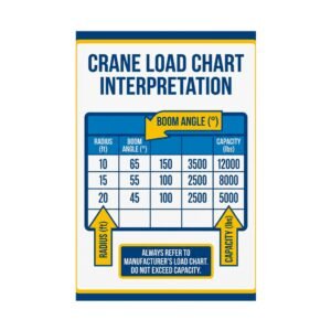 Crane load chart interpretation poster showing the relationship between radius, boom angle, and lifting capacity with yellow callout arrows.