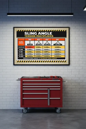 Sling angle tension multipliers poster showing load force increases at 90°, 60°, 45°, and 30° sling angles in a framed industrial safety chart displayed above a desk.