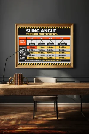 Sling angle tension multipliers poster showing load force increases at 90°, 60°, 45°, and 30° sling angles in a framed industrial safety chart displayed above a desk.