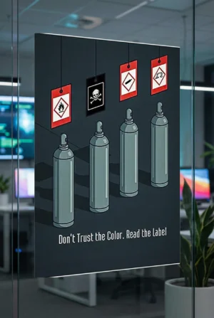 Compressed gas cylinder identification poster showing GHS labels and pictograms above identical cylinders