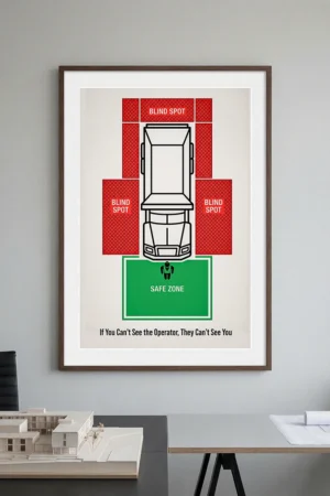 Heavy equipment blind spot safety poster showing safe zone and blind spot areas around construction machinery