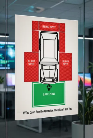 Heavy equipment blind spot safety poster showing safe zone and blind spot areas around construction machinery