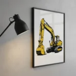 A large framed art print of a modern hydraulic excavator in a minimalist, high-contrast style hanging in a professional office.