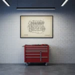 An exploded view technical print of a heavy equipment engine assembly, framed as wall art for a mechanic's office.