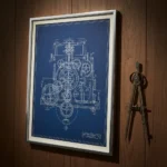 A blueprint-style wall art print of a crane schematic on a deep blue background, framed in a professional engineering office.