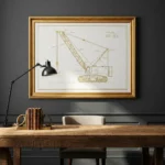 A framed technical blueprint of a crane hanging on a modern office wall, representing a gift for tradespeople.