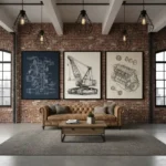 A collection of framed industrial engineering blueprints and machinery art prints on a warehouse-style brick office wall.