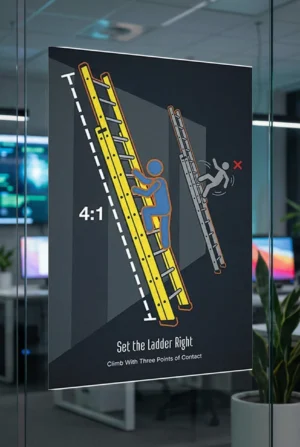 Ladder safety poster illustrating the 4 to 1 rule and the correct ladder angle for safe climbing