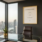 A premium framed safety leadership poster on a navy blue wall in a modern executive office for a Safety Director.