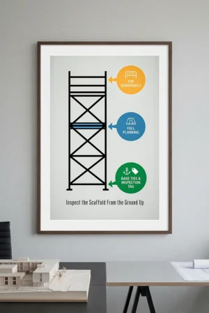 Scaffold safety checklist poster showing guardrails, proper planking, and base inspection points