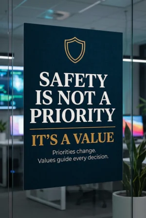 A professional Workplace Safety Culture Poster with the text "Safety is not a priority — It's a value" in white and gold on a navy background.