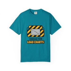 Load Chart T-Shirt featuring a hazard-bordered technical weight distribution graphic for truckers and crane operators.