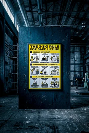 3-3-3 rule for lifting safety poster showing three checks before lift three safety controls during lift and three actions after lift.
