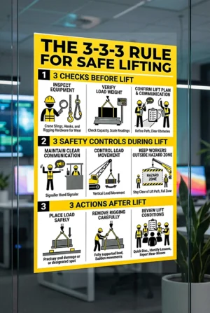 3-3-3 rule for lifting safety poster showing three checks before lift three safety controls during lift and three actions after lift.