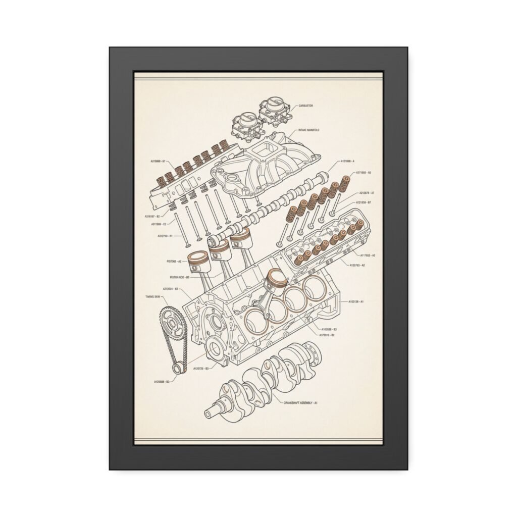 Engine Diagram Framed Poster — Vintage Automotive Blueprint Wall Art ...