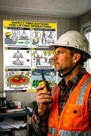 lifting safety precautions poster showing safe lifting procedures including planning equipment inspection load stability hazard zones and weather awareness