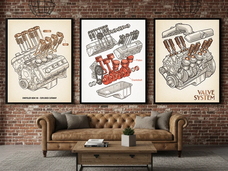 Occupational safety posters with technical engineering diagrams for industrial workplaces