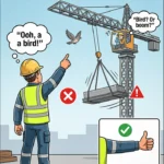Boom raise signal crane safety poster showing an incorrect pointing gesture toward a bird and the correct thumb-up signal for raising the boom
