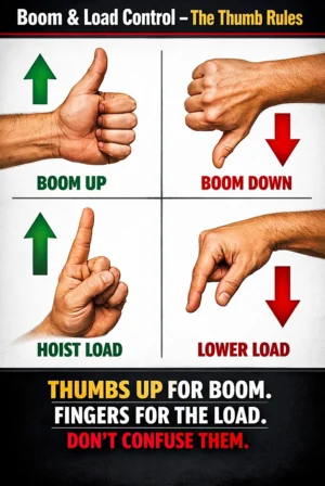 Boom up and hoist load hand signals poster showing boom up, boom down, hoist load, and lower load crane communication signals