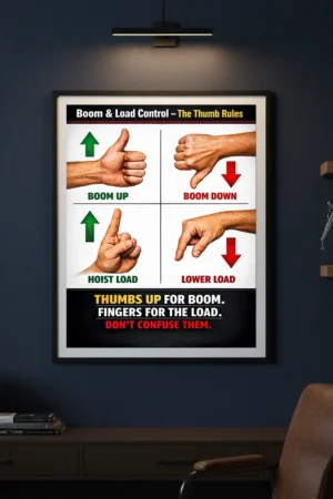 Boom up and hoist load hand signals poster showing boom up, boom down, hoist load, and lower load crane communication signals