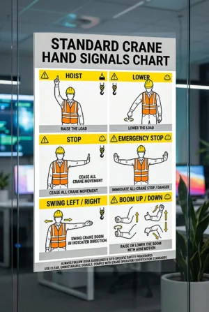 crane hand signals chart showing standard crane operator hand signals including hoist lower stop emergency stop swing and boom movements