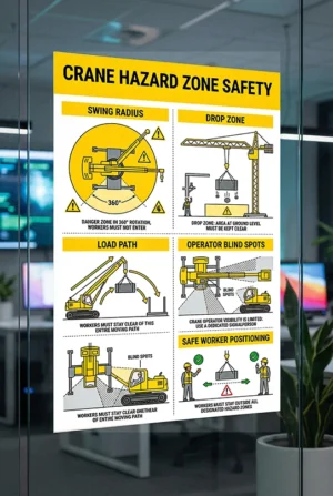 crane hazard zone safety poster showing swing radius drop zone load path operator blind spots and safe worker positioning