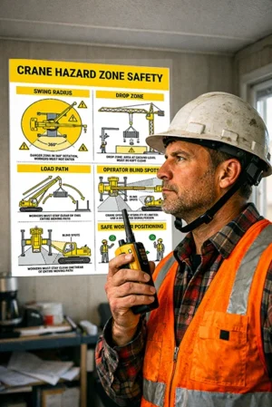 crane hazard zone safety poster showing swing radius drop zone load path operator blind spots and safe worker positioning