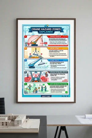Crane hazard zones safety poster explaining swing radius, drop zone, load path, blind spots, and safe worker positions for crane operation training.