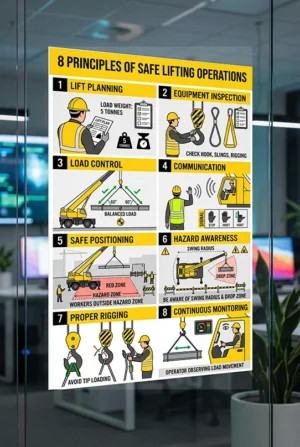 8 crane lifting safety principles poster showing lift planning equipment inspection load control communication hazard awareness proper rigging and load monitoring