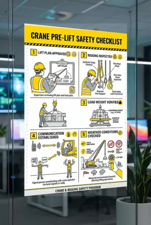 crane pre lift safety checklist poster showing lift plan approval rigging inspection load weight verification communication and weather checks