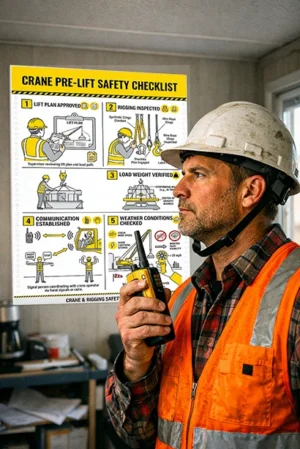 crane pre lift safety checklist poster showing lift plan approval rigging inspection load weight verification communication and weather checks