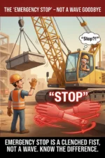 Emergency stop signal crane safety poster showing a casual wave beside a bold correct emergency stop hand signal overlay with a swinging load