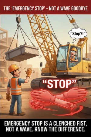 Emergency stop signal crane safety poster showing a casual wave beside a bold correct emergency stop hand signal overlay with a swinging load