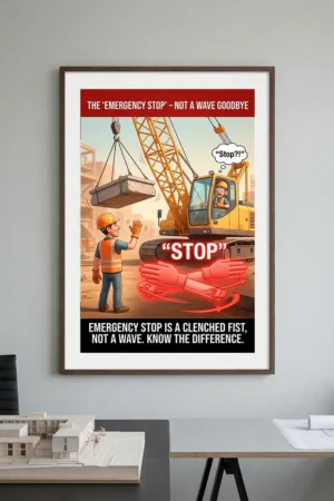 Emergency stop signal crane safety poster showing a casual wave beside a bold correct emergency stop hand signal overlay with a swinging load