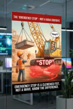 Emergency stop signal crane safety poster showing a casual wave beside a bold correct emergency stop hand signal overlay with a swinging load